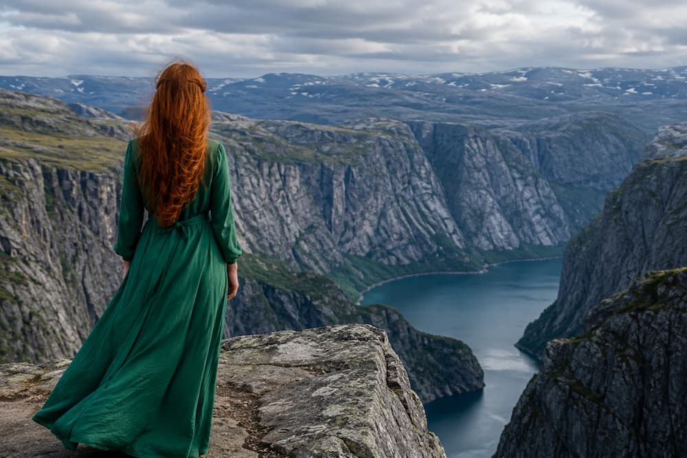 Kvinna som står på ett berg inför ett stup som ska symbolisera bråddjupet i att få insikt i sin egen anknytning.