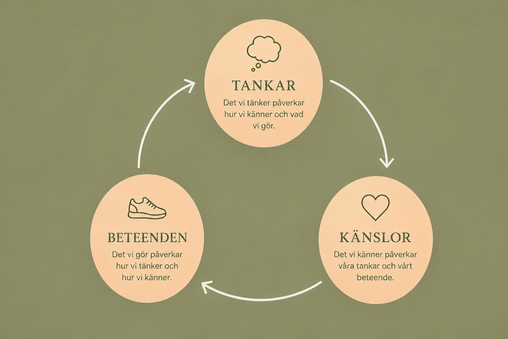 Bild som föreställer den klassiska cirkeln i KBT med tankar, känslor och beteenden.