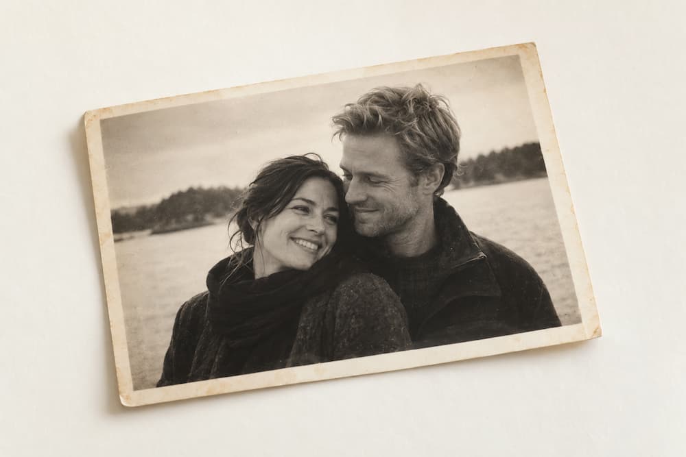 Ett gulnat fotografi av ett par som ser lyckliga ut tillsammans.