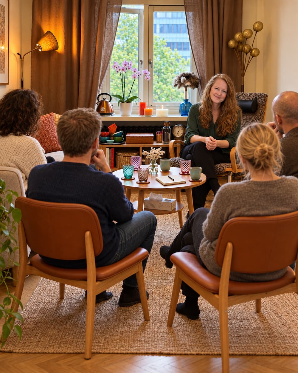 Bild på en grupp människor och Katinka som är gruppterapeut och har gruppterapi.