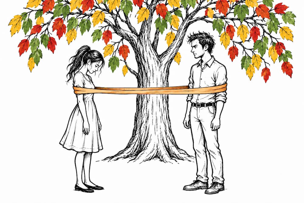 Tecknad kvinna och man står på varsin sida om ett höstträd, sammanbundna av ett orange band som symboliserar traumabindning.